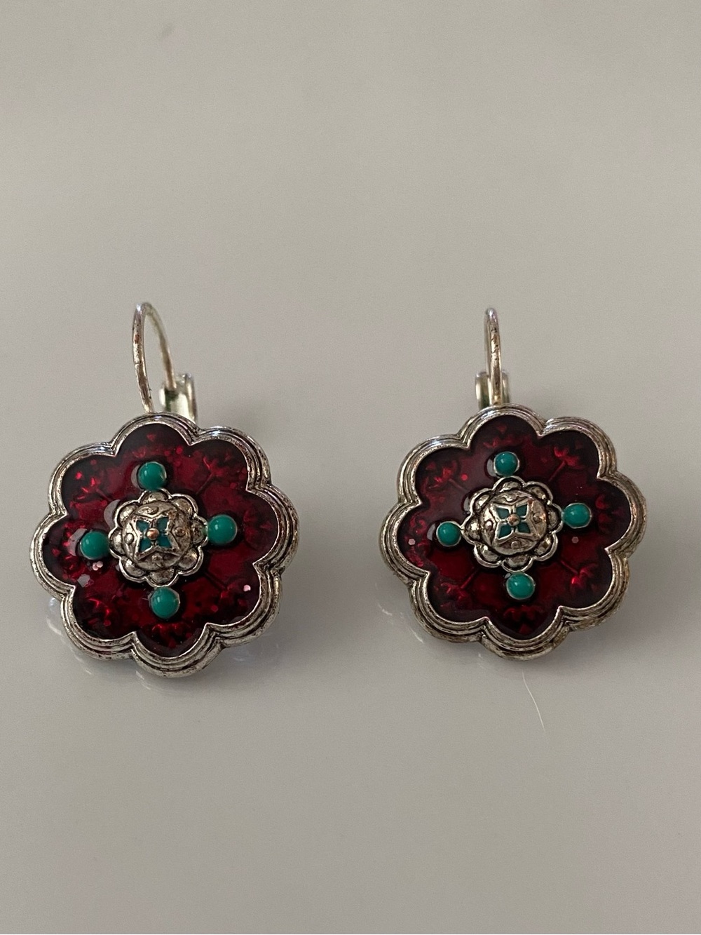 Avon Red Flower Drop Earrings with Turquoise Accents